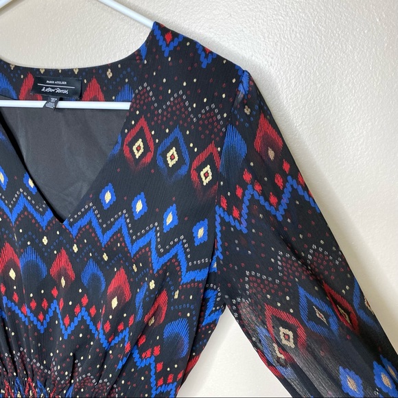 & Other Stories Black Metallic Gold Ikat Print Smocked Long Sleeve Mini Dress 4 - Picture 9 of 13